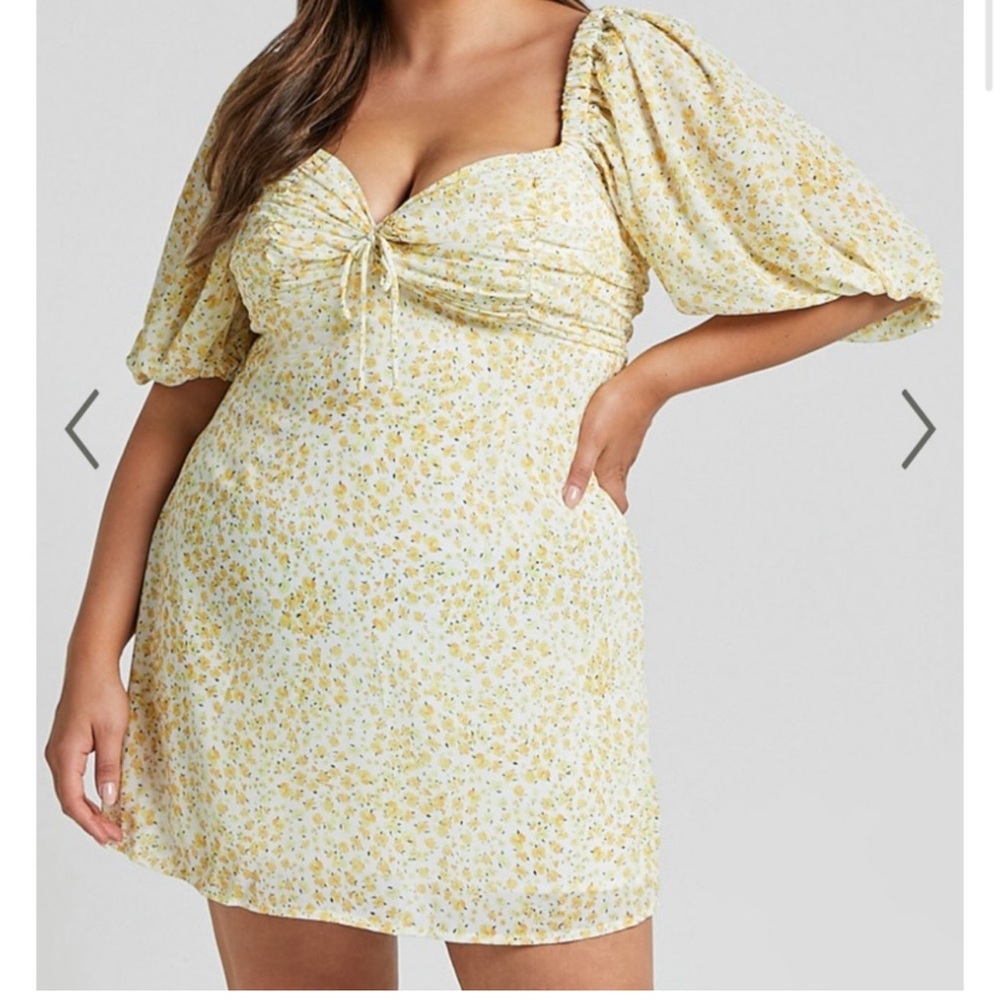 Showpo Yellow and White Puff Sleeve Mini Dress